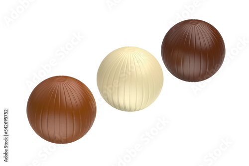White, milk and dark chocolate balls on transparent background