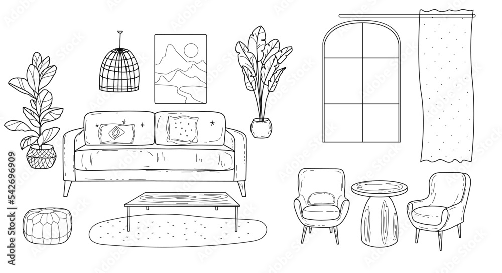 Sketches of furniture for the living room with wicker chairs handdrawn in  the Art Nouveau and vintage style boho monochrome with window Vector  illustration Stock Vector  Adobe Stock
