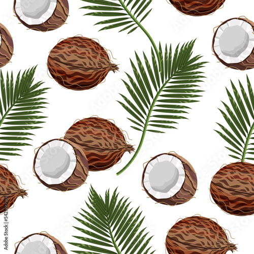Seamless pattern of coconut fruits whole, half,tropical leaves on a white background.Vector fruit pattern for textiles,cosmetics packaging,food products.