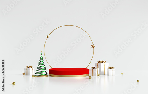 3D rendering realistic red gold product display stand, golden ring of stars, white gift boxes, spiral Christmas tree, gold balls on white background. Luxury Christmas sale presentation scene.
