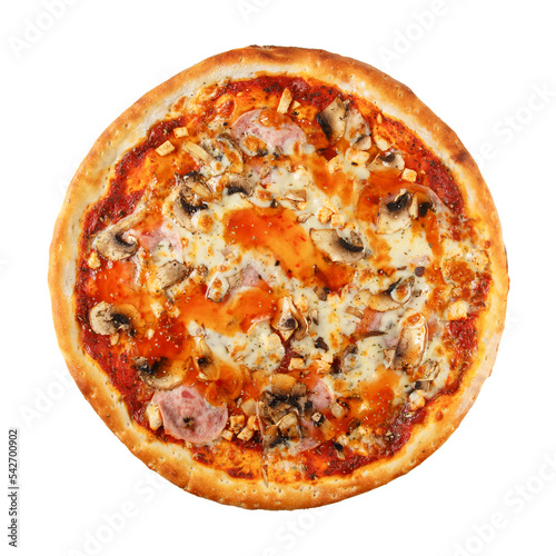 Delicious classic italian pizza with Mozzarella, ham, chicken and mashrooms.