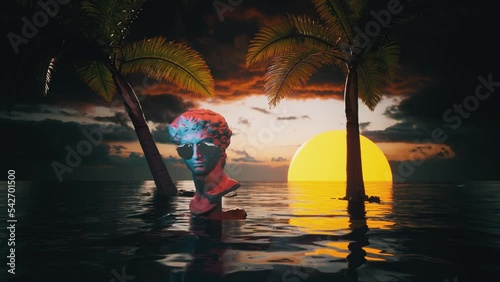 Michelangelo's David statue with sunglasses on the sea, sunset background with palm trees