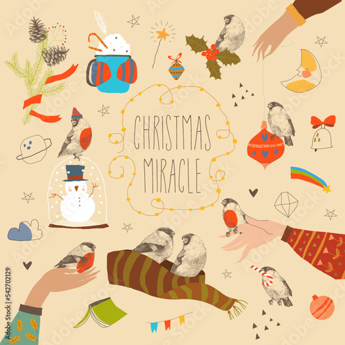 Lovely Christmas Set with Little Bullfinches and Holiday Elements