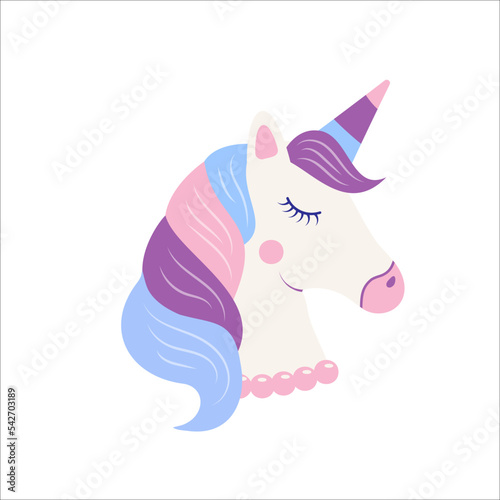 Cute fantasy unicorn, fairy tale for baby. Cute beautiful unicorn head. Vector illustration
