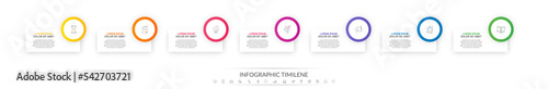 Modern vector infographics design template. Concept with 7 steps, labels. Creative timeline with graph elements, percentage circles and icons. Performance analysis in percent