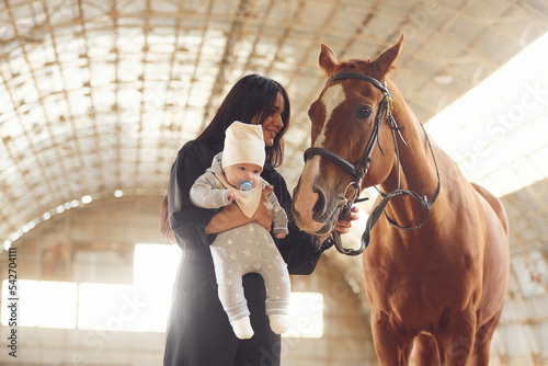 Mother with baby on the hands is standing indoors with horse in hangar