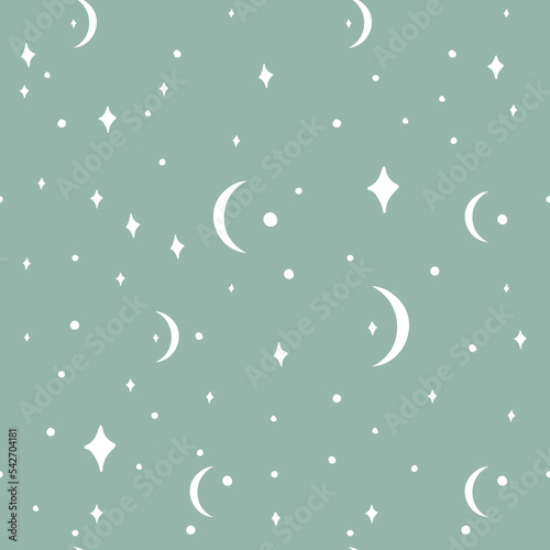 Monochrome seamless pattern with white stars and crescent moons on blue background. Boho celestial pattern. Stock vector illustration