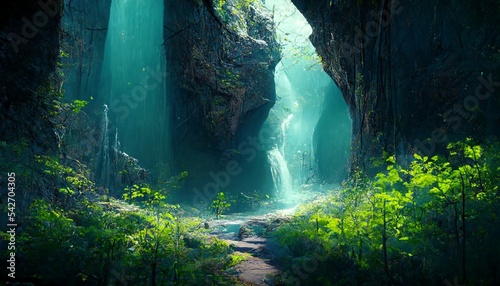 絵画 イラスト 森 泉 滝 自然 緑 ファンタジー