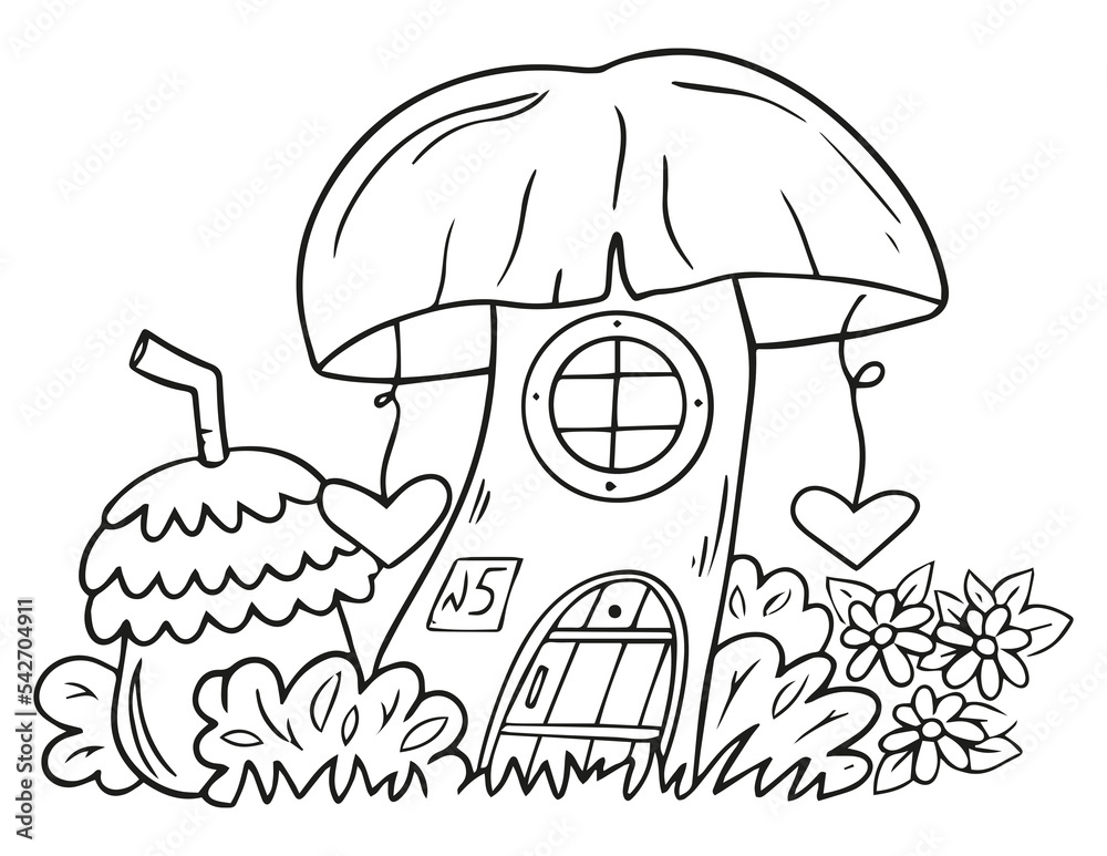 Mushroom village illustrations to color for kids and adults. Simple