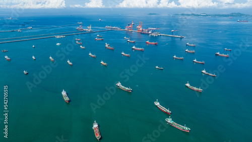 many of Oil Crude Gas Tanker Ship, Cargo container Ship offshore mooring at Ocean Bay Petroleum Chemical export import transportation and logistics, Oil leak from Ship, industrial petroleum 