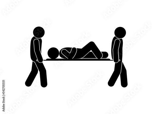 paramedics carry casualty on stretcher, stick figure man icon photo