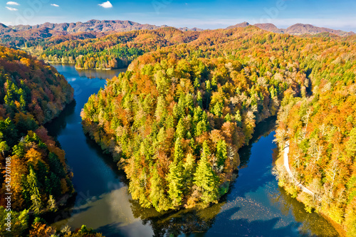 Trakoscan lake and autumn forest aerial view photo