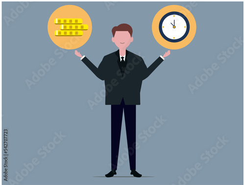 お金と時間の価値を比較するビジネスマン。測る。男性。ベクターイラスト
