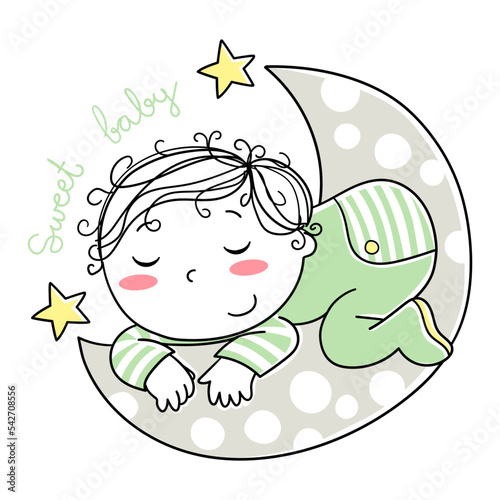Illustration of a baby sleeping on the moon and the lettering sweet dreams