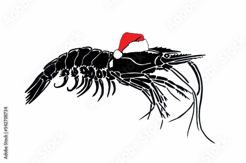 Graphical shrimp in red Santa Claus hat isolated on white background,vector illustration