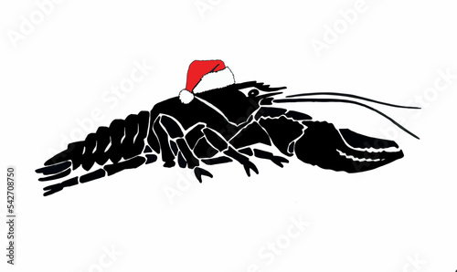 Graphical shrimp in red Santa Claus hat isolated on white background,vector illustration