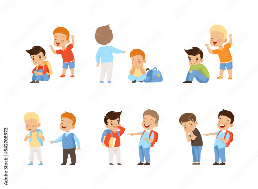 Angry Kids Bullying and Abusing the Weak Agemate Teasing and Laughing at Them Vector Set Angry Kids Bullying and Abusing the Weak Agemate Teasing and Laughing at Them Vector Set