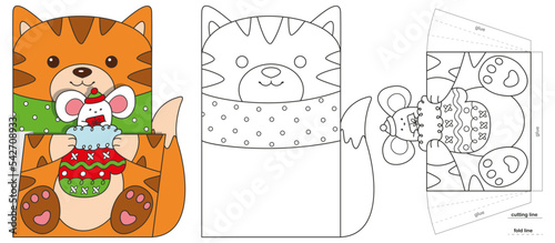 Christmas paper pocket with cat for advent calendar. Coloring page for kids creativity