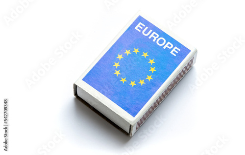 Simple pack of European Union produced matches, products made in EU, generic eu country product market label abstract concept, no people. Europe goods and supplies import and export, trade, nobody