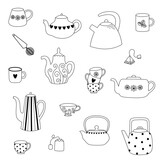 Set of line art teapots and cups for tea or coffee. Hand drawn doodle style design. 