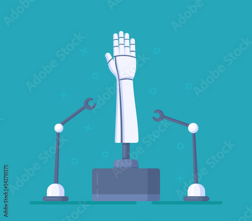 Vector illustration of the concept of the factory. A new invention. White robot arm or robotic arm for prosthetics. 