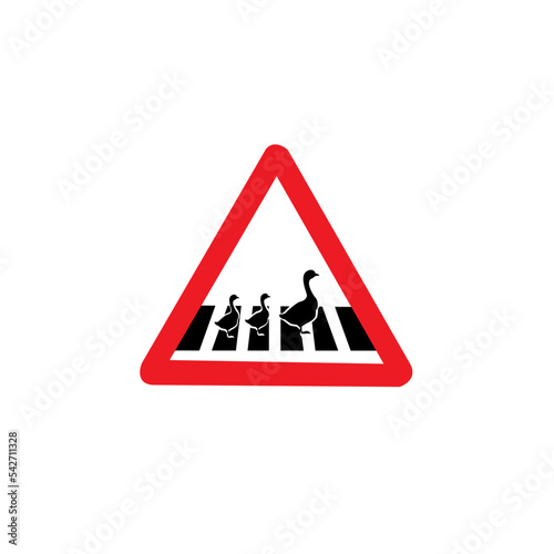 ducks crossing road red triangle warning sign vector