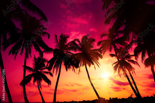 Colorful pink sunset on tropical ocean beach with coconut palm trees silhouettes and shining sun