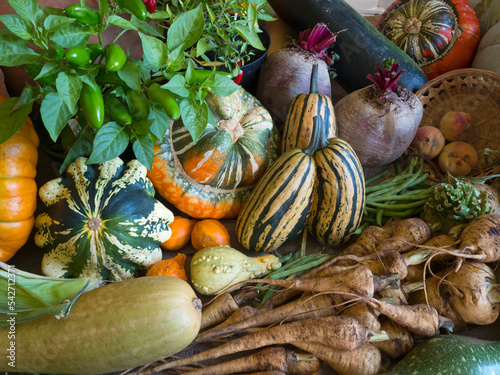 Home-grown fruit and vegetables on display for a harvest festival.  photo