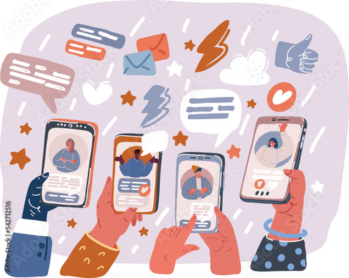 Vector illustraiton of Hands holding mobile phone with happy people displaying on screen. Online chat, phone or video call conversation.