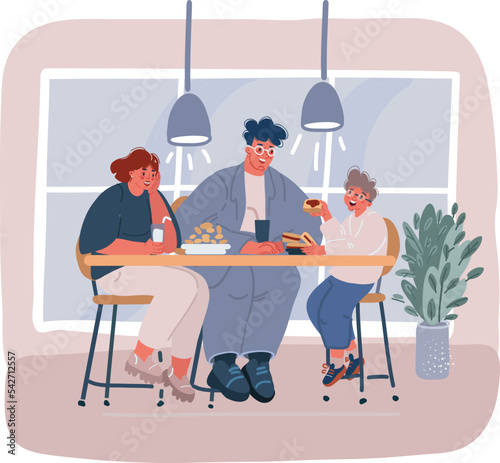 Vector illustraiton of Happy family having meal, dinner in caffe. Parents and kids sitting and eating. Mother, father and son talk at lunch together.