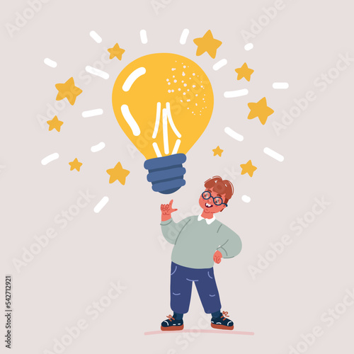 Vector illustraiton of boy carrying glowing lightbulb. Concept of brainstorming, power of intelligence, creative thinking, innovative idea generation.
