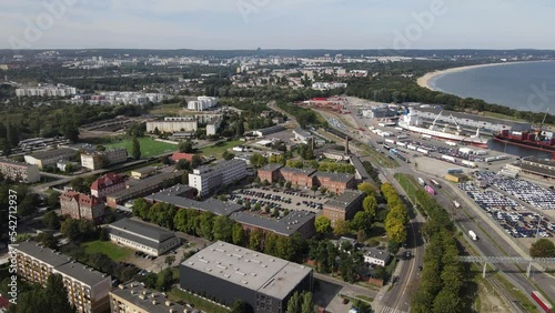Aerial view of the New Port in Gdansk ,ships,port canal and the gulf of Gdansk on a summer ,sunny day 8 september 2022
