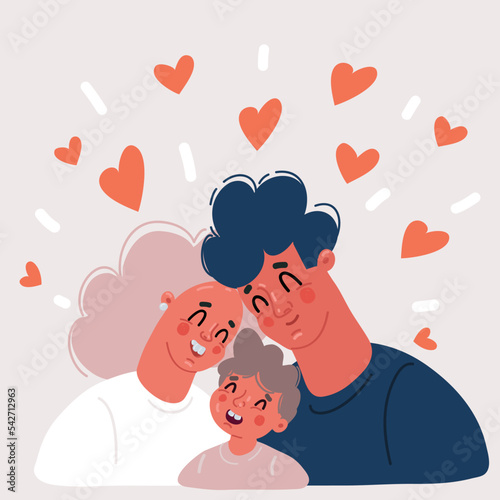 Vector illustraiton of happy family, mother father daughter son holding hands and huggins
