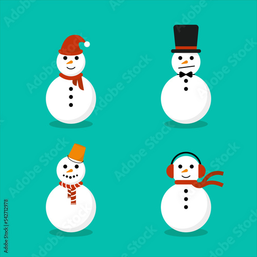 A collection of snowman with hat ,  winter cute christmas snowmen , flat vector illustration. 