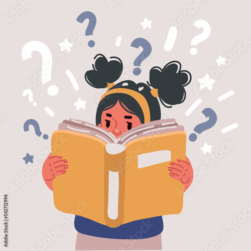 Vector illustraiton of American girl kid reading book. Knowledge and education concept.