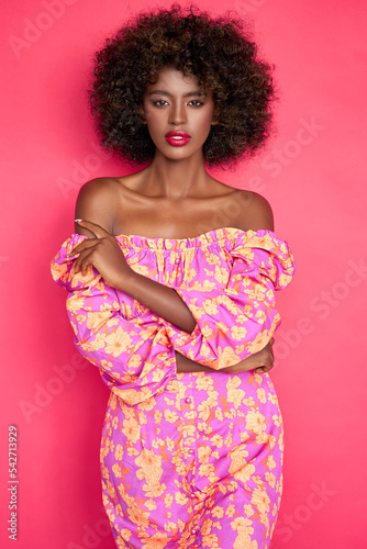 Confident African American female in trendy outfit