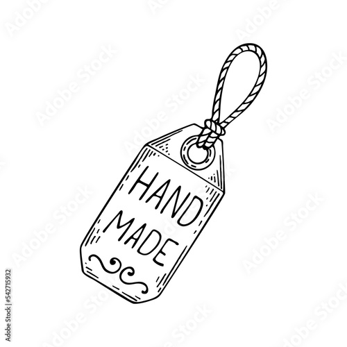Tag hand made line art. Paper label for the product. Hobby needlework. Hand drawn vector doodle illustration.