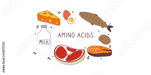 Amino acids-containing food. Groups of healthy products containing vitamins and minerals. Set of fruits, vegetables, meats, fish and dairy photo