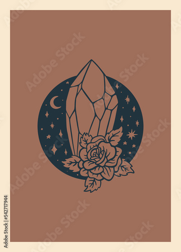 Boho mystical crystal with crescent moon and flower. Tarot card design. Vintage bohemian poster