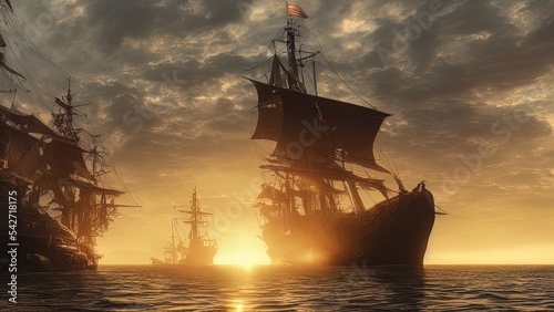 Sea battle. Seascape at sunset, old ships fall apart on the waves after the battle. Fantasy sea pirate landscape. 