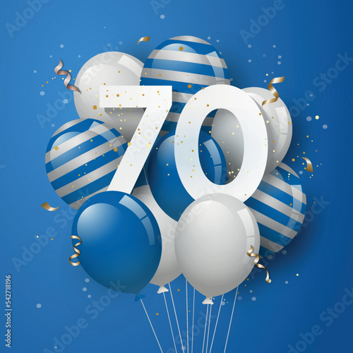 Happy 70th birthday with blue balloons greeting card background. 70 years anniversary. 70th celebrating with confetti. Vector stock