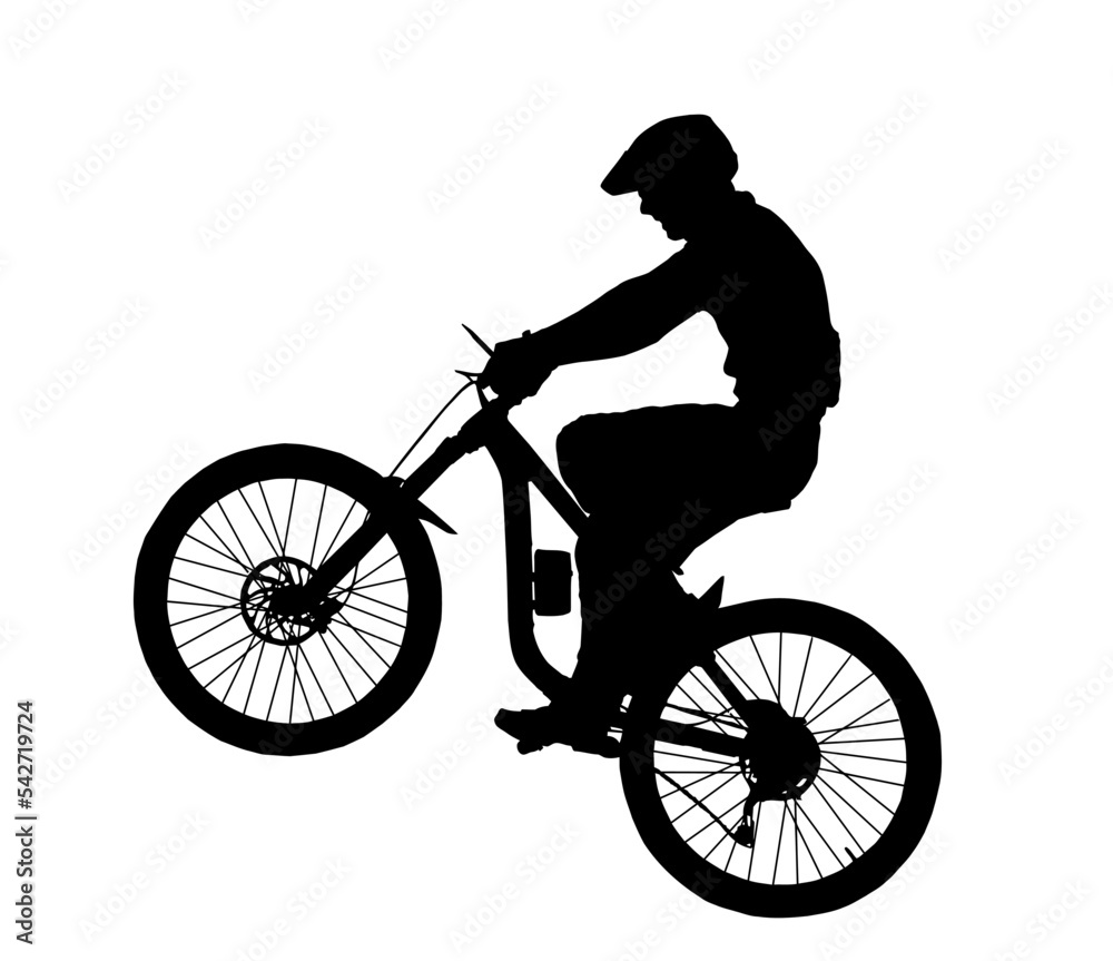 Detailed silhouette of mountain bike rider popping wheelie - obrazy, fototapety, plakaty 