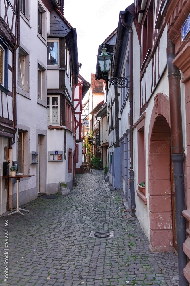 Blick hinein in eine alte Gasse mit Fachwerkhäusern in Neustadt an der Weinstrasse in Rheinland Pfalz, Deutschland