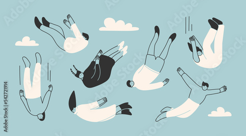 Various falling people. Diverse male and female characters. Hand drawn modern Vector illustration. Flying or falling down abstract people set. Cartoon outline style. All elements are isolated