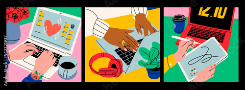 Female hands working on laptop, holding graphic tablet. Working, drawing, chatting, study, communication, work from home concept. Set of three hand drawn modern Vector illustrations