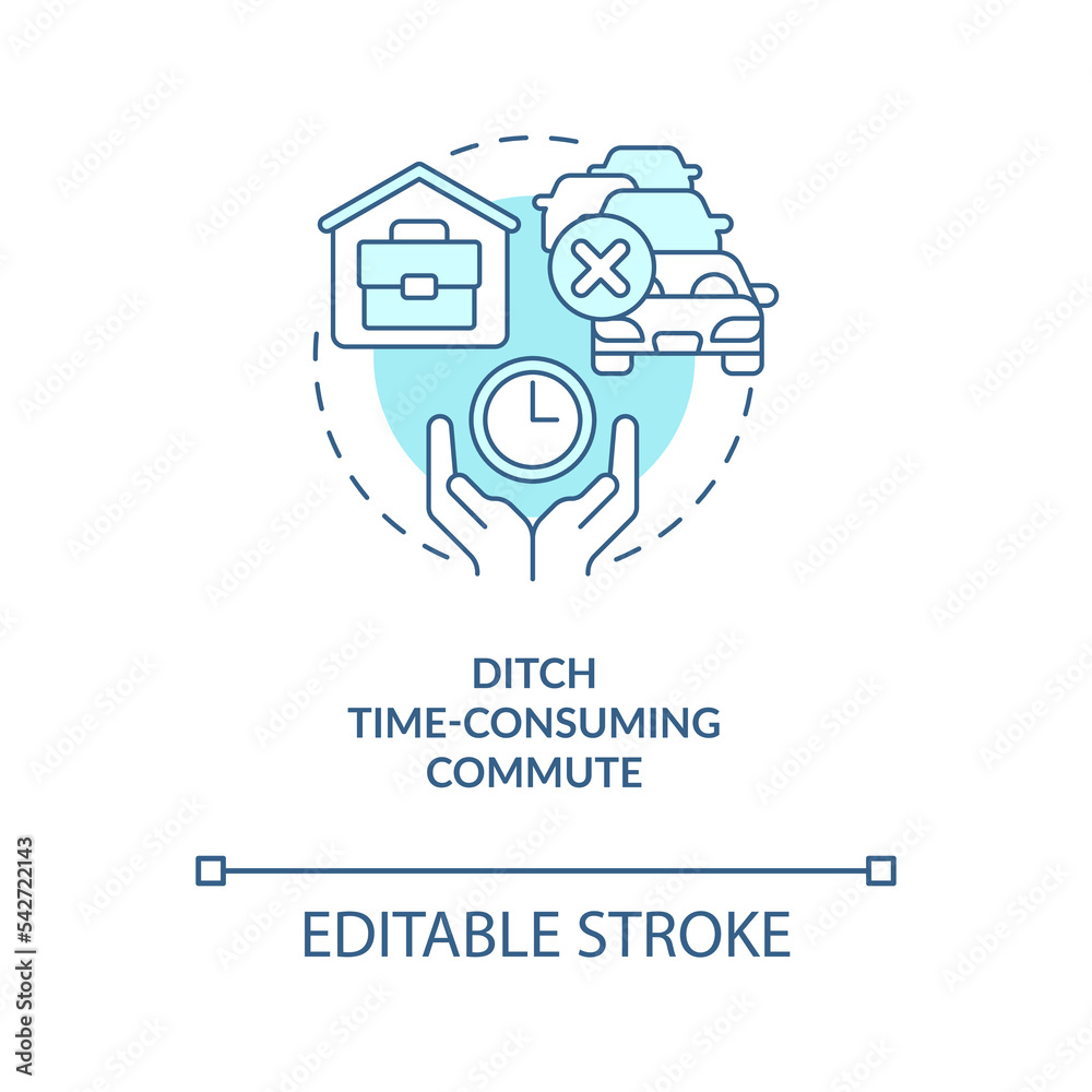 Ditch time-consuming commute turquoise concept icon. Remote work benefit abstract idea thin line illustration. Isolated outline drawing. Editable stroke. Arial, Myriad Pro-Bold fonts used