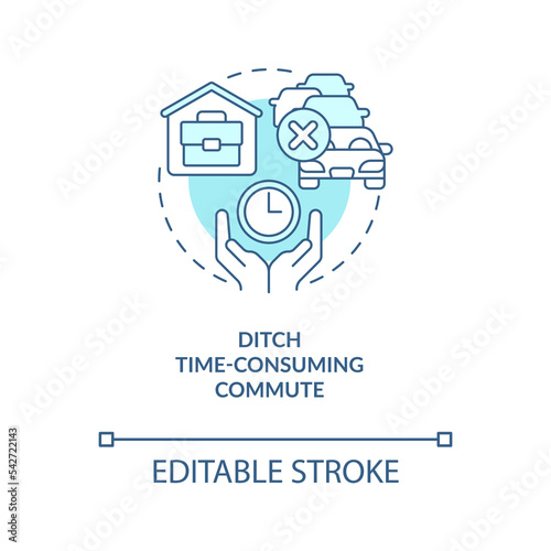 Ditch time-consuming commute turquoise concept icon. Remote work benefit abstract idea thin line illustration. Isolated outline drawing. Editable stroke. Arial, Myriad Pro-Bold fonts used