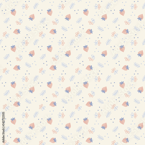 seamless pattern of strawberries, twigs,  and flowers. Good for textile, wallpaper or print design.