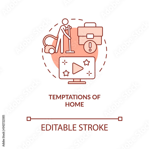 Temptations of home office terracotta concept icon. Distraction of remote workplace abstract idea thin line illustration. Isolated outline drawing. Editable stroke. Arial, Myriad Pro-Bold fonts used