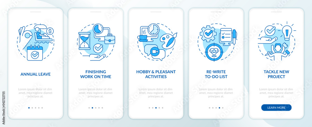 Overcome burnout blue onboarding mobile app screen. Combat overwork walkthrough 5 steps editable graphic instructions with linear concepts. UI, UX, GUI template. Myriad Pro-Bold, Regular fonts used